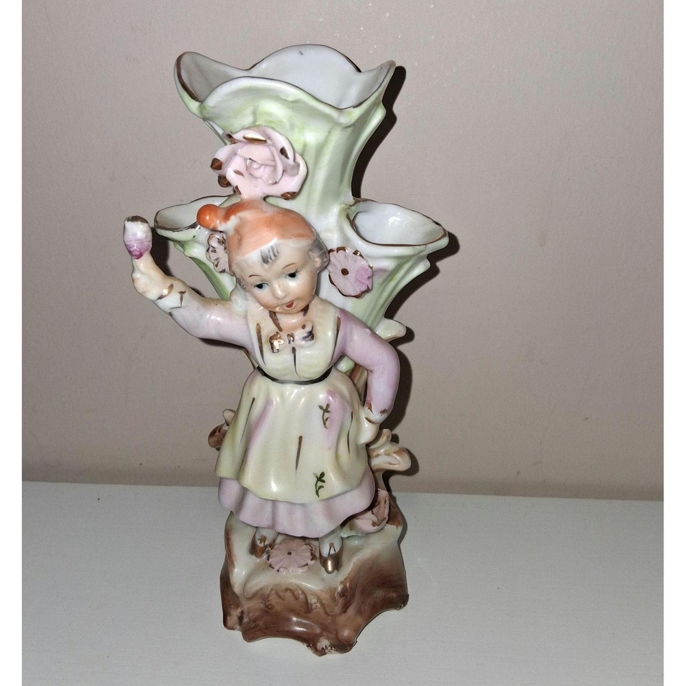 Vintage Dresden-Style Figural Girl Vase – 7.75" Porcelain Triple Spill Vase, Han